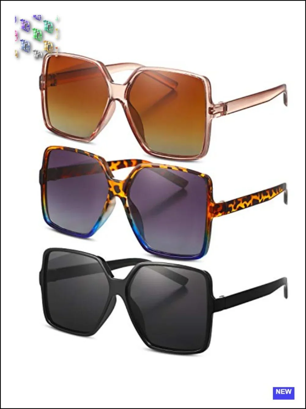 Vintage Square Frame Sunglasses 3 Pack with Case - Retro Oversized Shades